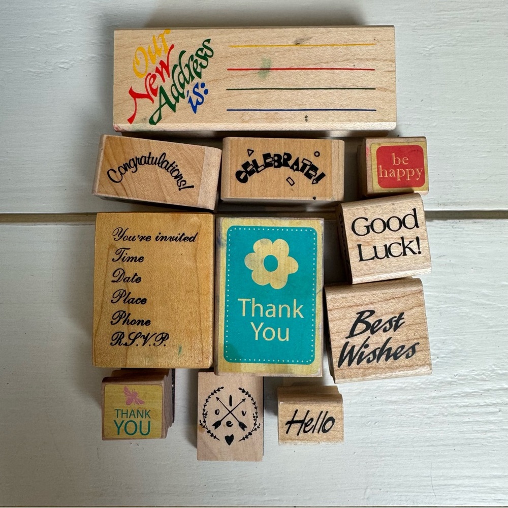 Wooden Stamp Set with Various Messages Lot of 11